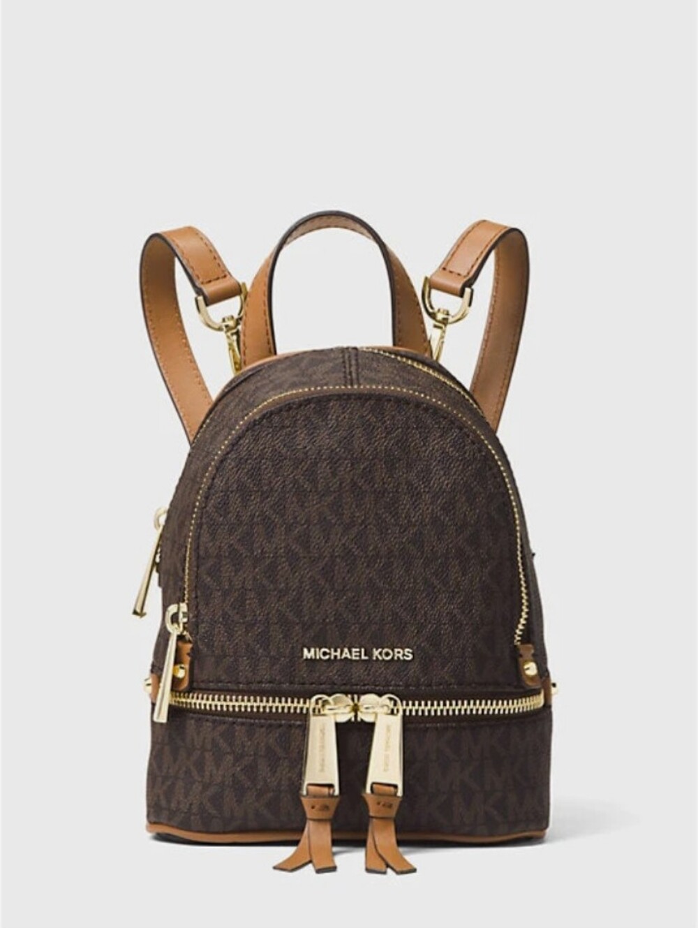 Michael Kors Rhea Zip Signature Logo Backpack Brown Monogram Crossbody Mini
